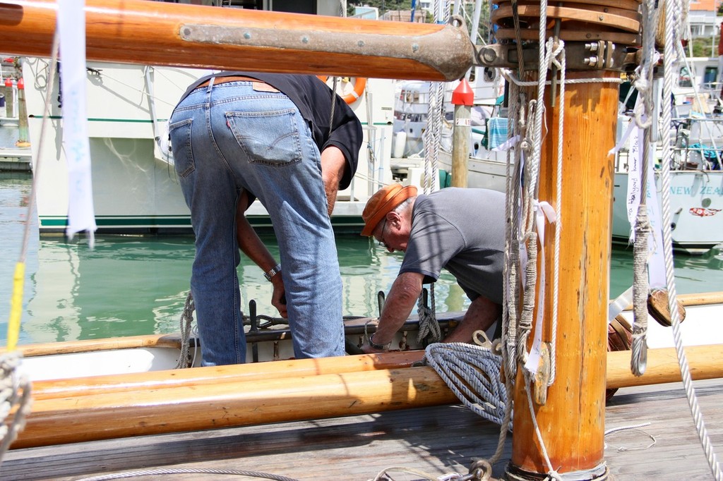 Master boatbuilder, Max Carter (right) releases rigging screws before Waitangi is hauled at Orams on Monday © Richard Gladwell www.photosport.co.nz